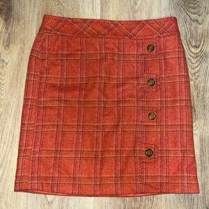J McLaughlin Fully lined Orange Plaid Wool Mini Skirt w Faux Button Detail  4